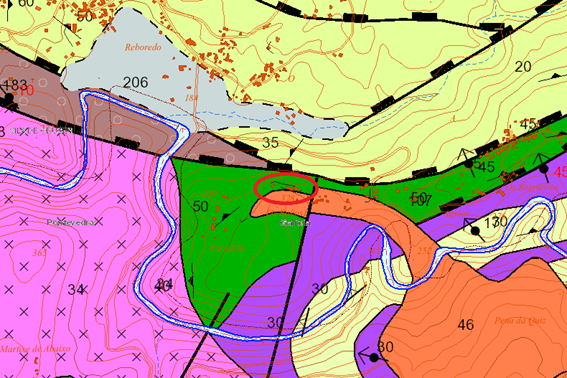 Situación del balneario de Baños de Brea en el mapa geológico. Se observa cómo se encuentra próximo a la zona de unión de varias fallas. Modificado del Visor Igme