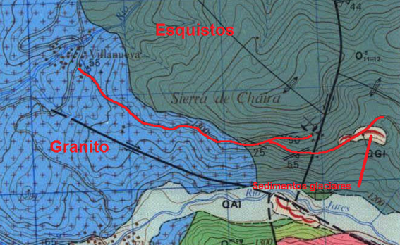 Mapa geológico de la zona. Modificado de la hoja MAGNA nº  228 del IGME.