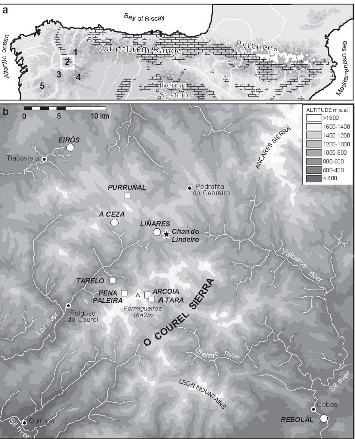 Situación de la principales cuevas existentes en la zona de O Courel.